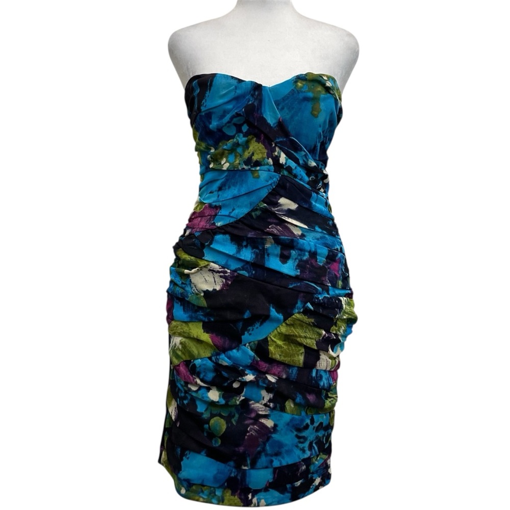 Arden B Blue & Black Watercolor Floral Mesh Y2K Strapless Mini Dress